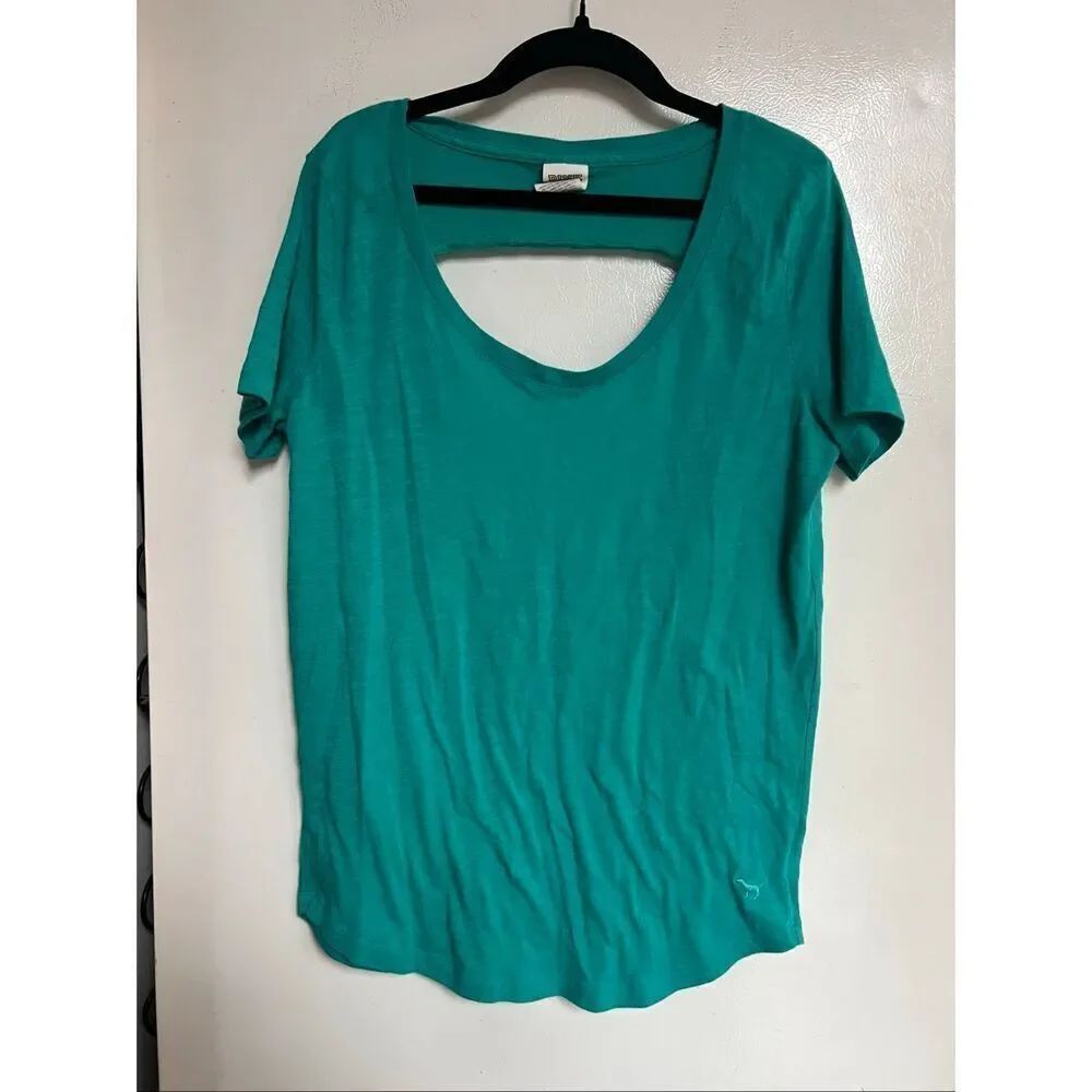 PINK By Victoria’s Secret Teal Open Back T-Shirt Woman’s Size Small FLAWED-MARKS
